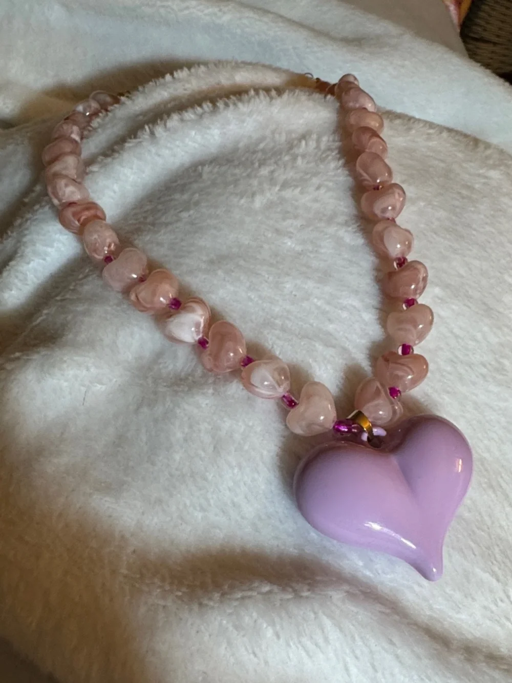 Pink Heart Pendant Necklace with Beaded Strand - Women Jewelry